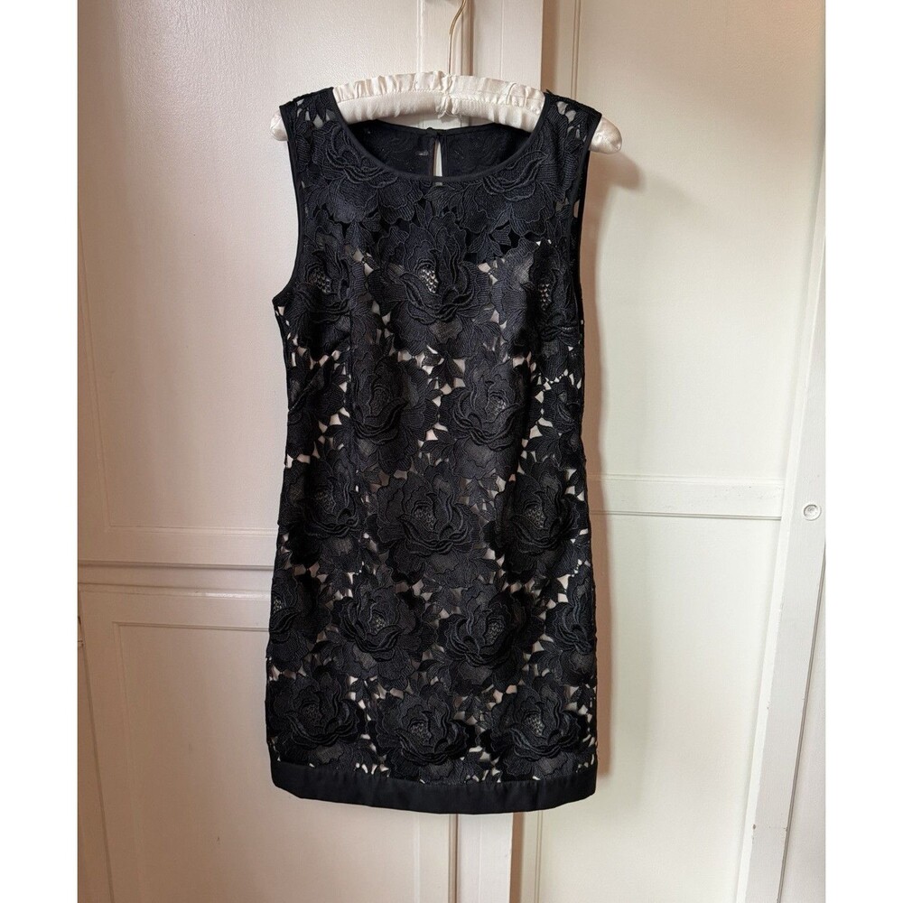 WHBM Black Floral Lace Nude Lined Sheath Cocktail Dress - Size 6